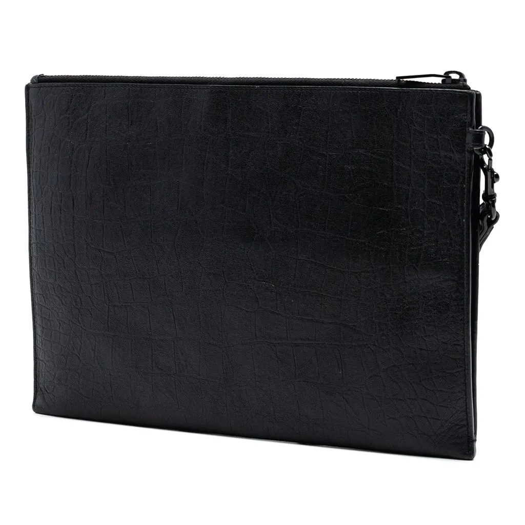 Saint Laurent Croc Embossed Leather Monogram Zip Pouch Black Leather Very good - Back View
