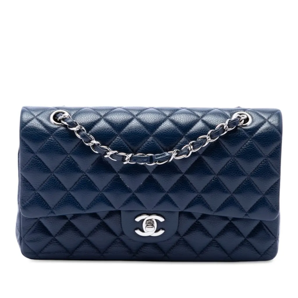 Chanel Medium Classic Caviar Double Flap Blue Leather Very good - Front View