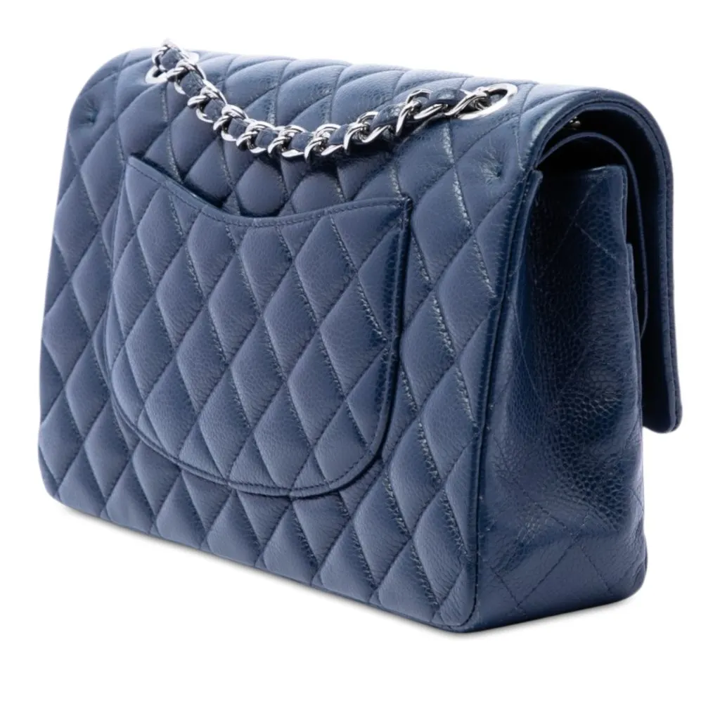 Chanel Medium Classic Caviar Double Flap Blue Leather Very good - Back View