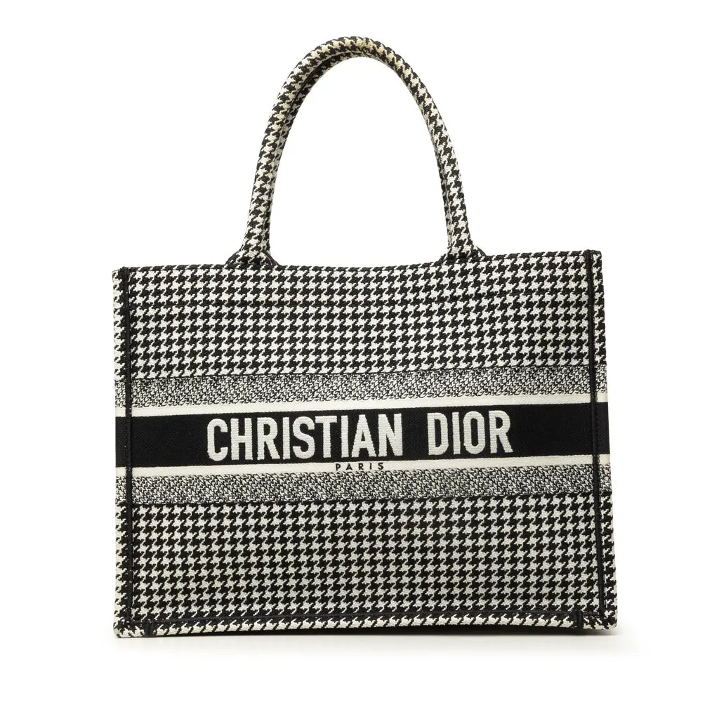 Dior Medium Canvas Houndstooth Embroidered Book Tote Black Canvas Very good - Front View
