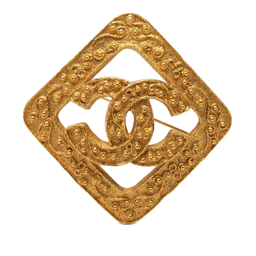 Chanel CC Gold Plated Rhombus Diamond Brooch Gold Metal Very good - Front View