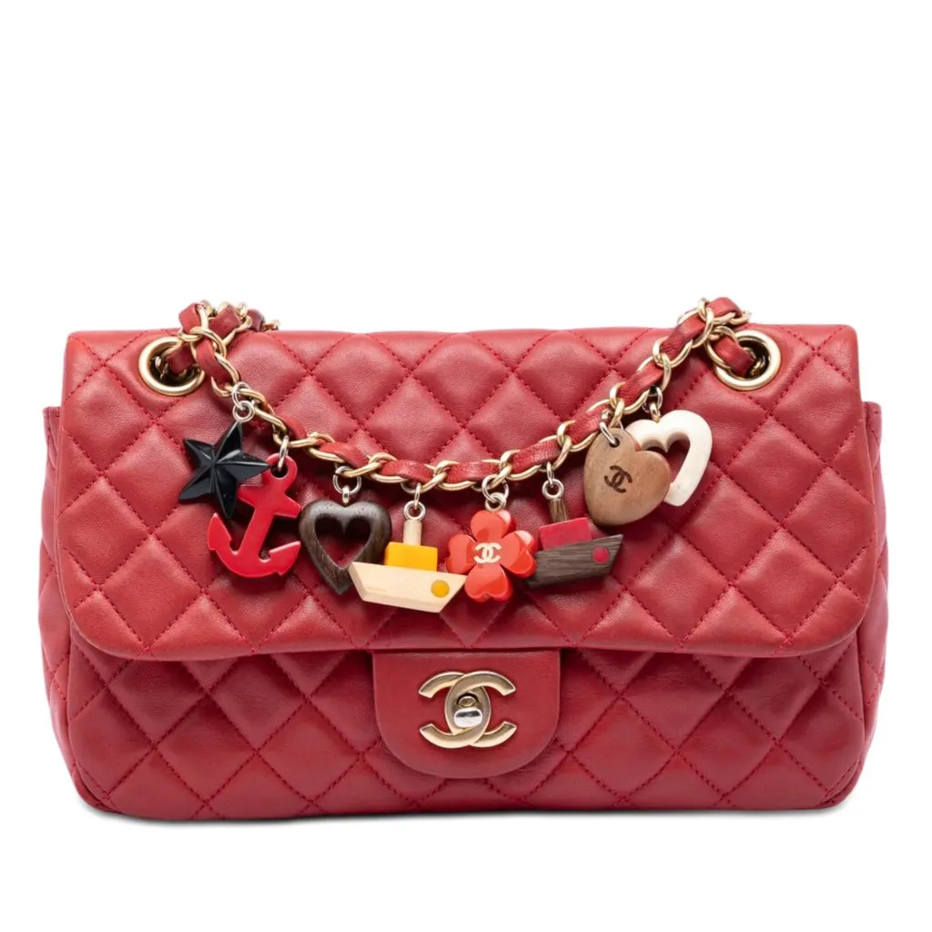 Chanel Medium Classic Lambskin Marine Charms Single Flap Red Leather Very good - Front View