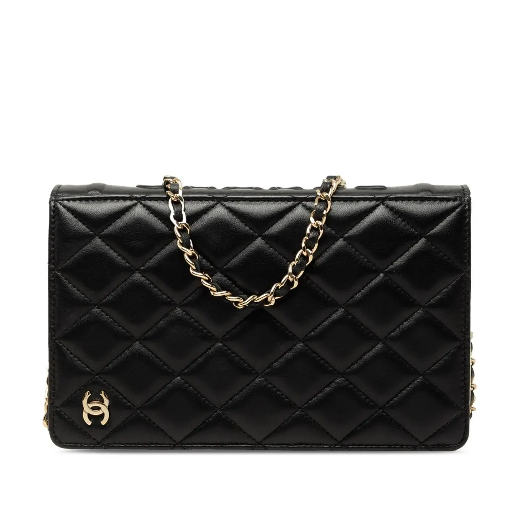 Chanel Quilted Lambskin Book Wallet On Chain Black Leather Good - Front View