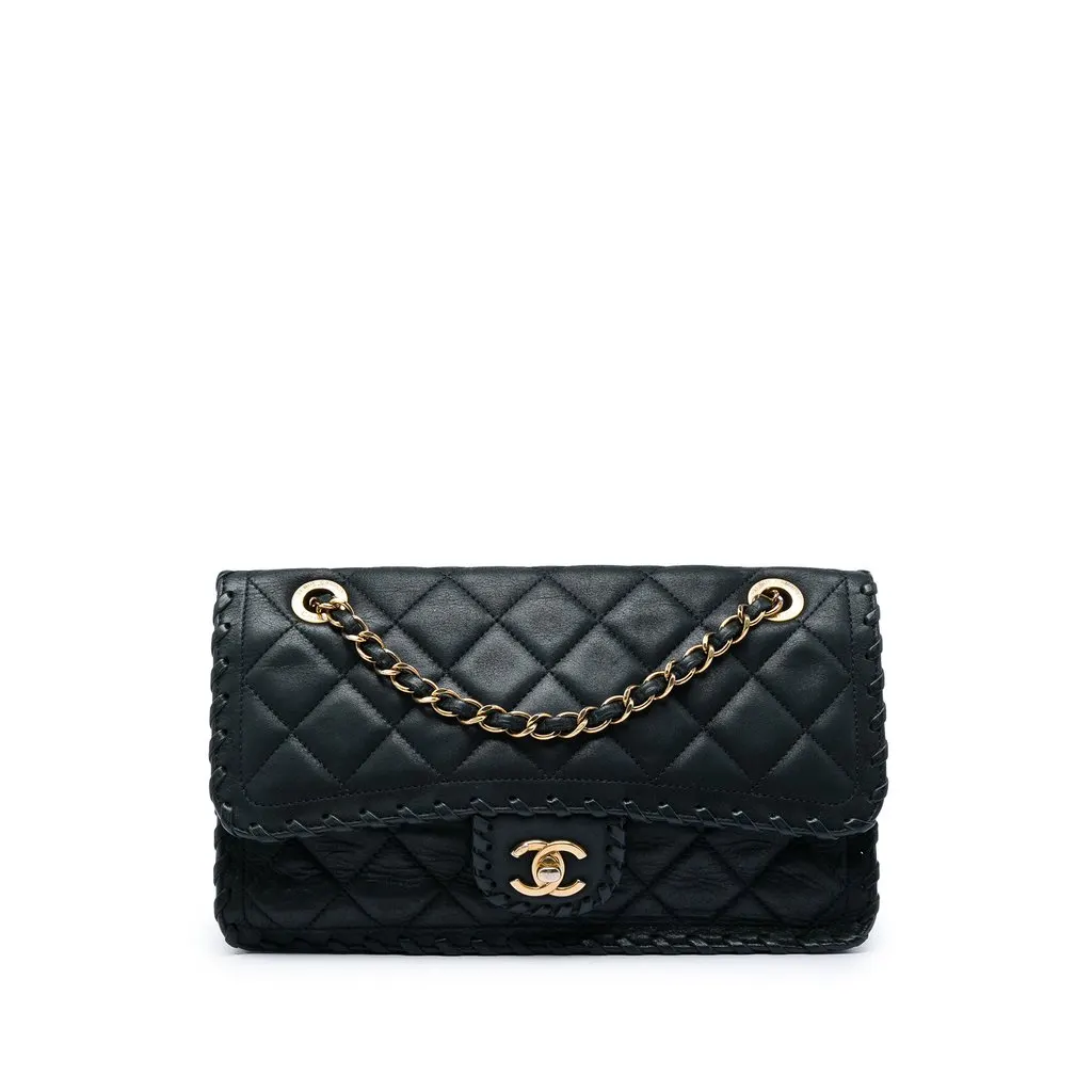 Chanel Medium Quilted Iridescent Calfskin Happy Stitch Flap Black Leather Very good - Front View