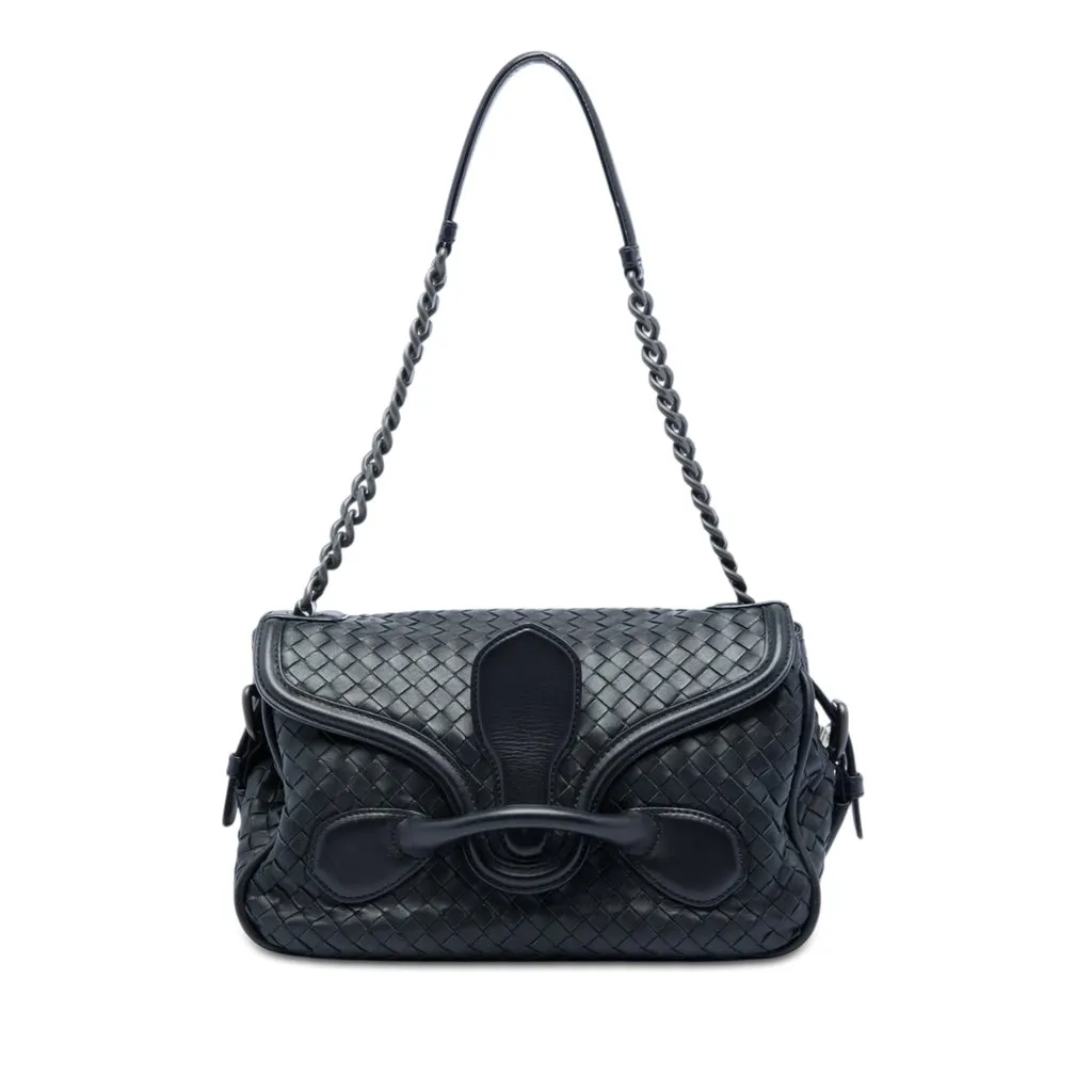 Bottega Veneta Nappa Intrecciato Rialto Shoulder Bag Black Leather Very good - Front View