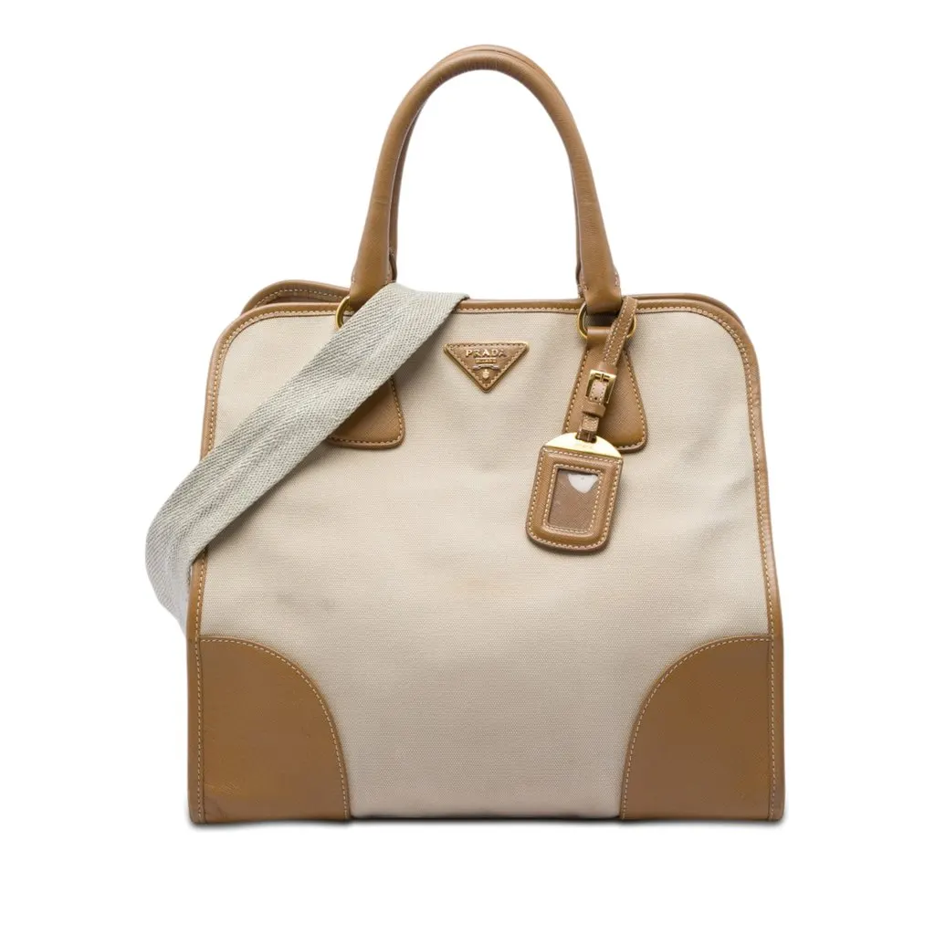 Prada Saffiano Trimmed Canvas Canapa Satchel Beige Good - Front View