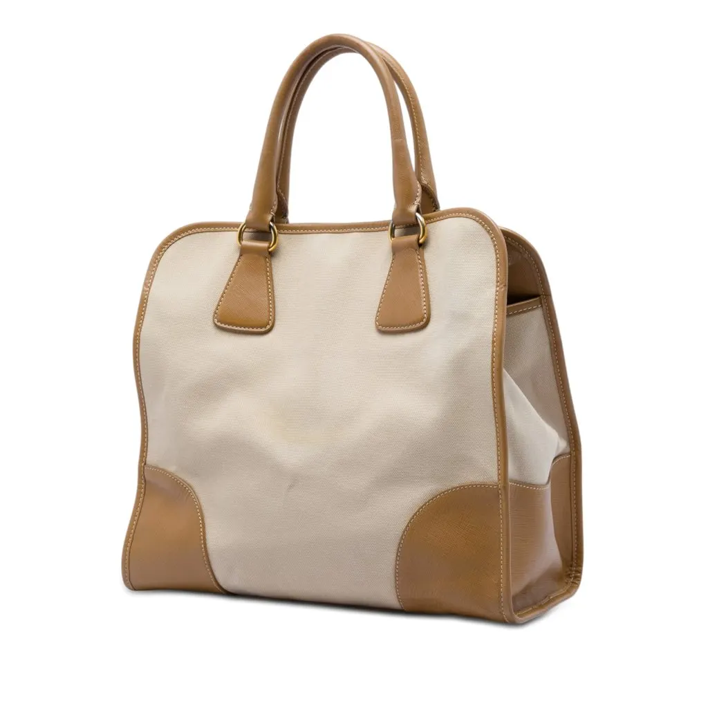 Prada Saffiano Trimmed Canvas Canapa Satchel Beige Good - Back View