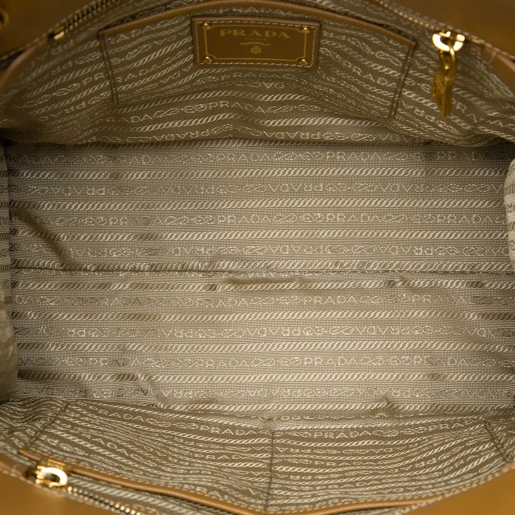 Prada Saffiano Trimmed Canvas Canapa Satchel Beige Good - Model View