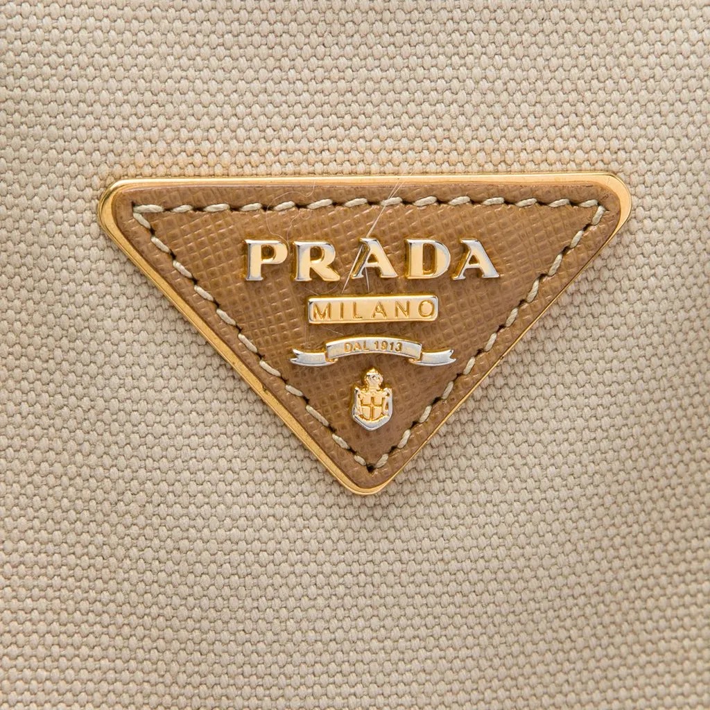Prada Saffiano Trimmed Canvas Canapa Satchel Beige Good - Box View