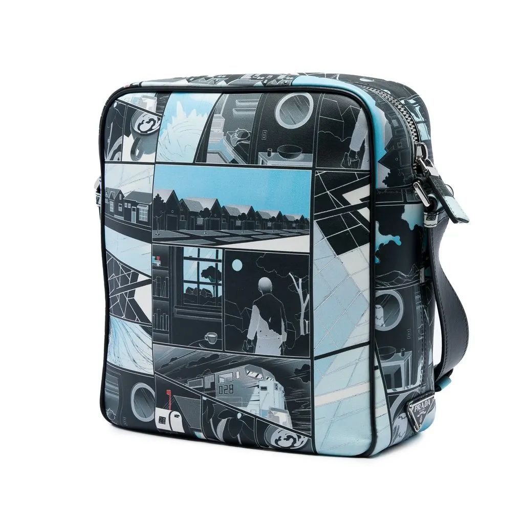 Prada James Jean Vitello Comic Print Messenger Bag Black Leather Very good - Back View