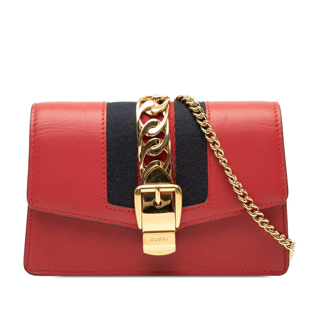 Gucci Super Mini Calfskin Sylvie Chain Crossbody Red Leather Very good - Front View