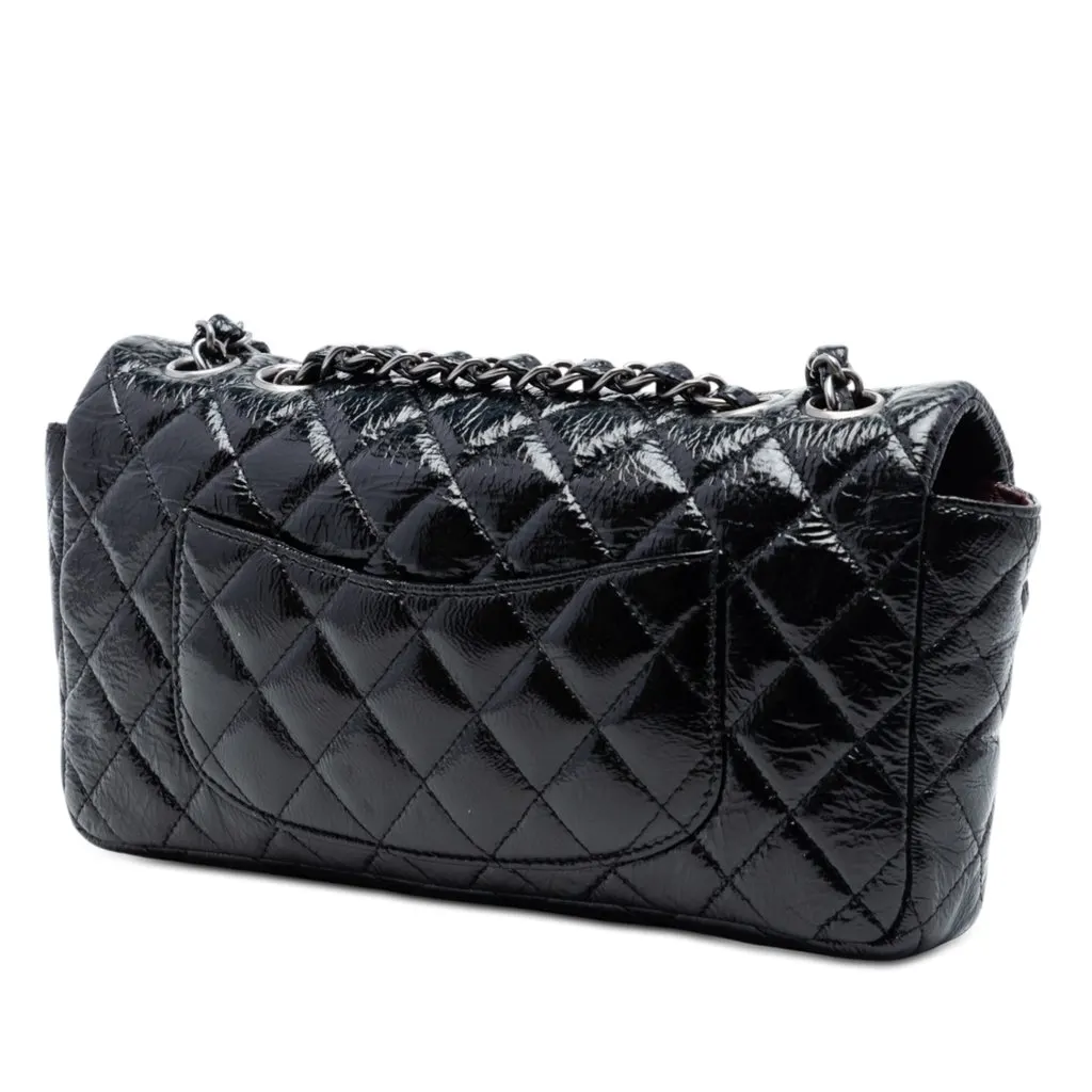 Chanel Quilted Crinkled Patent East West Single Flap Black Leather Good - Back View