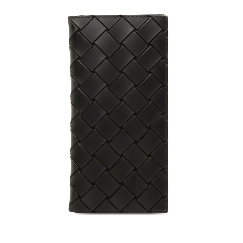 Bottega Veneta Calfskin Intrecciato Bifold Long Wallet Black Leather Very good - Front View