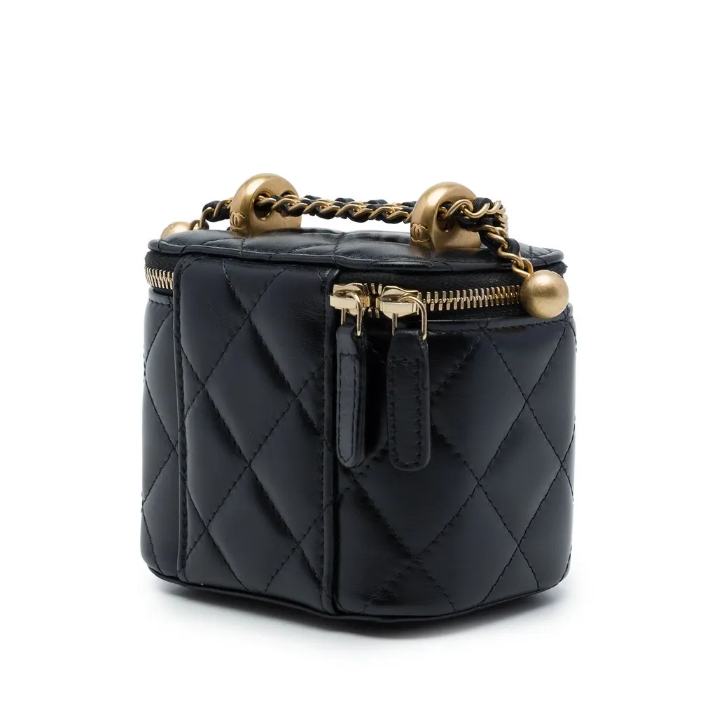 Chanel Mini CC Quilted Lambskin Pearl Crush Vanity Case With Chain Black Leather Very good - Back View