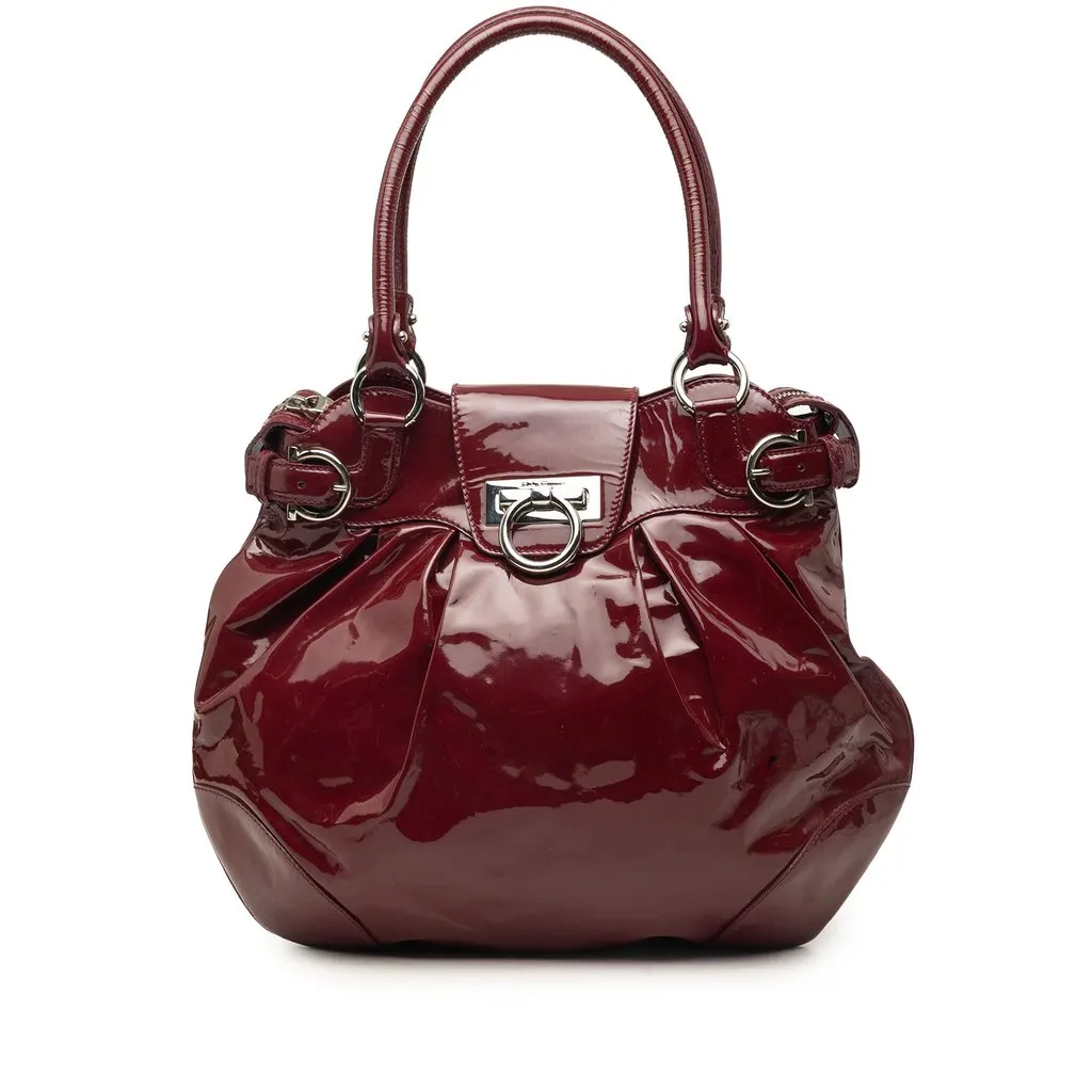Salvatore Ferragamo Patent Gancini Marisa Handbag Red Leather Good - Front View