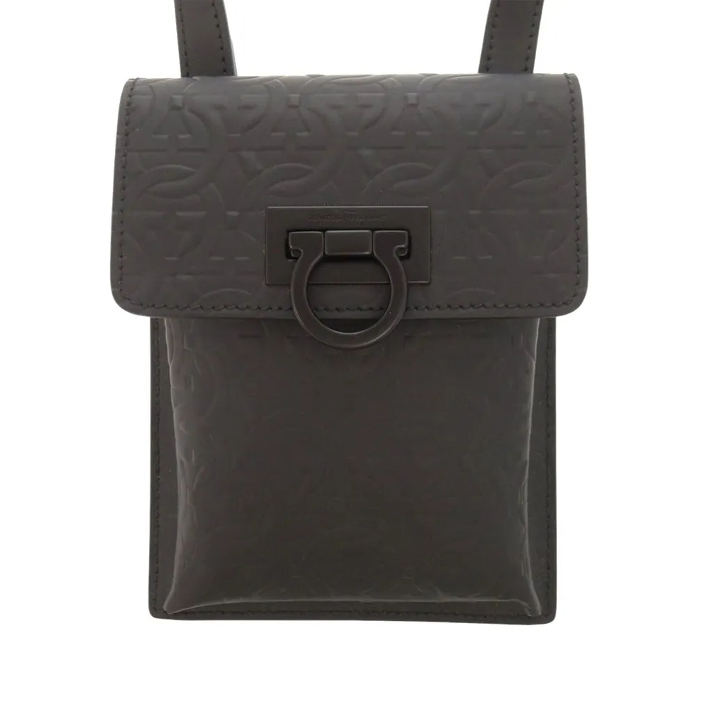 Salvatore Ferragamo Gancini Embossed Leather Phone Pouch Crossbody Black Leather Very good - Front View