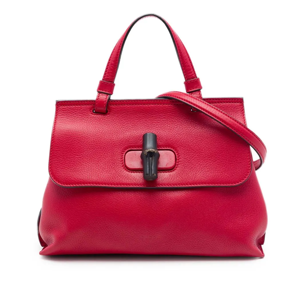 Gucci Small Calfskin Bamboo Daily Satchel Red Leather Very good - Front View