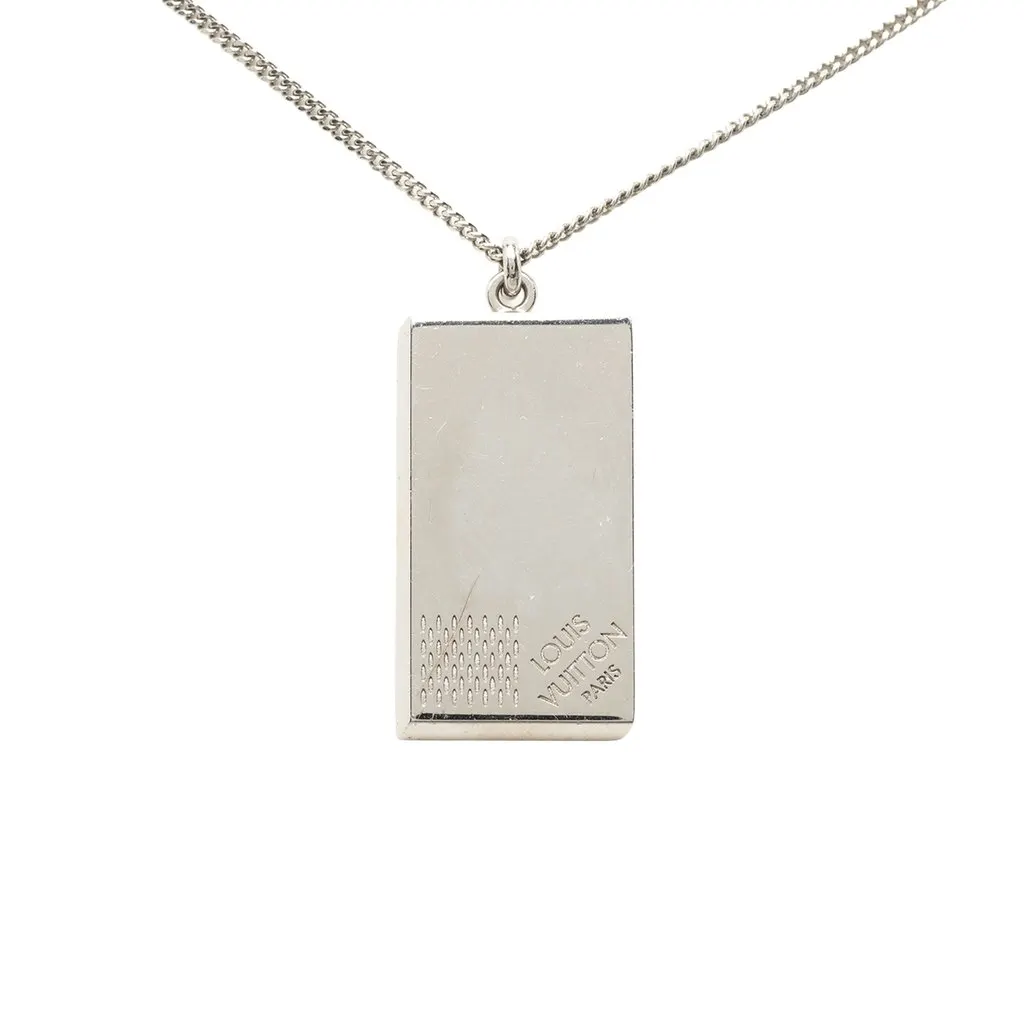 Louis Vuitton Brass Collier Plaque Damier Pendant Necklace Silver Brass Very good - Back View