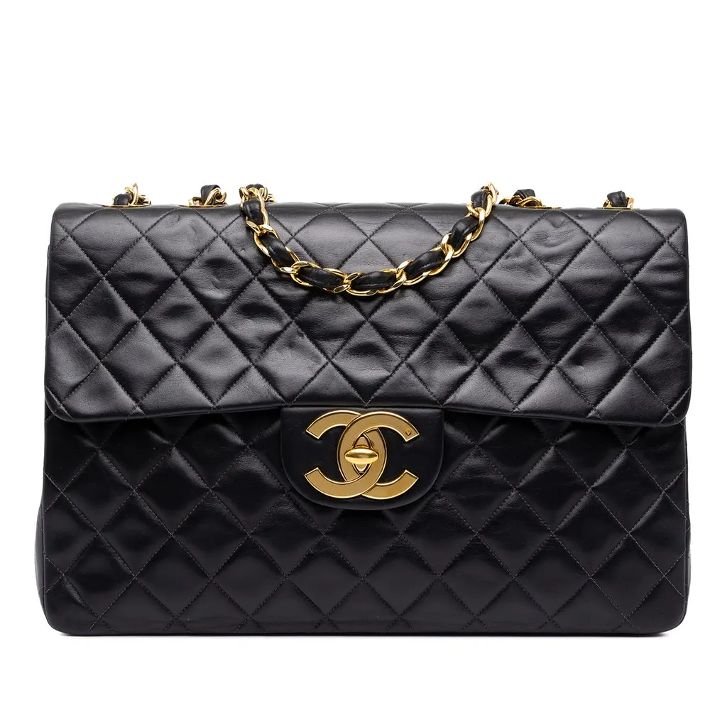 Chanel Maxi XL Classic Lambskin Single Flap Black Leather Good - Front View