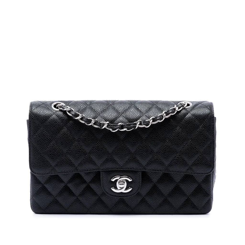 Chanel Medium Classic Caviar Double Flap Black Leather Good - Front View