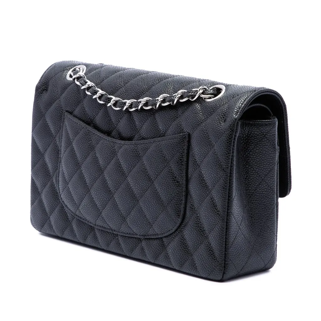 Chanel Medium Classic Caviar Double Flap Black Leather Good - Back View