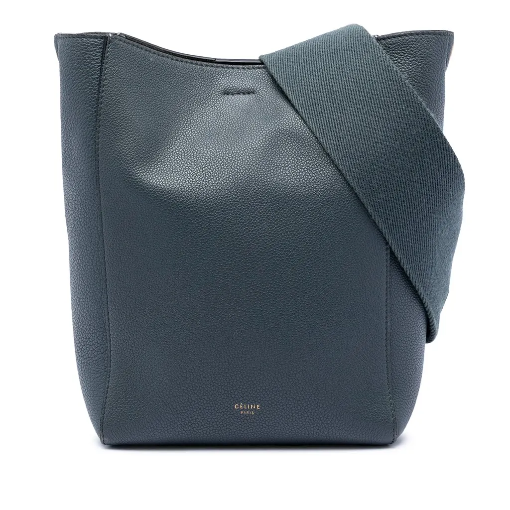 Celine Small Soft Grained Calfskin Seau Sangle Bucket Bag Blue Leather Very good - Front View