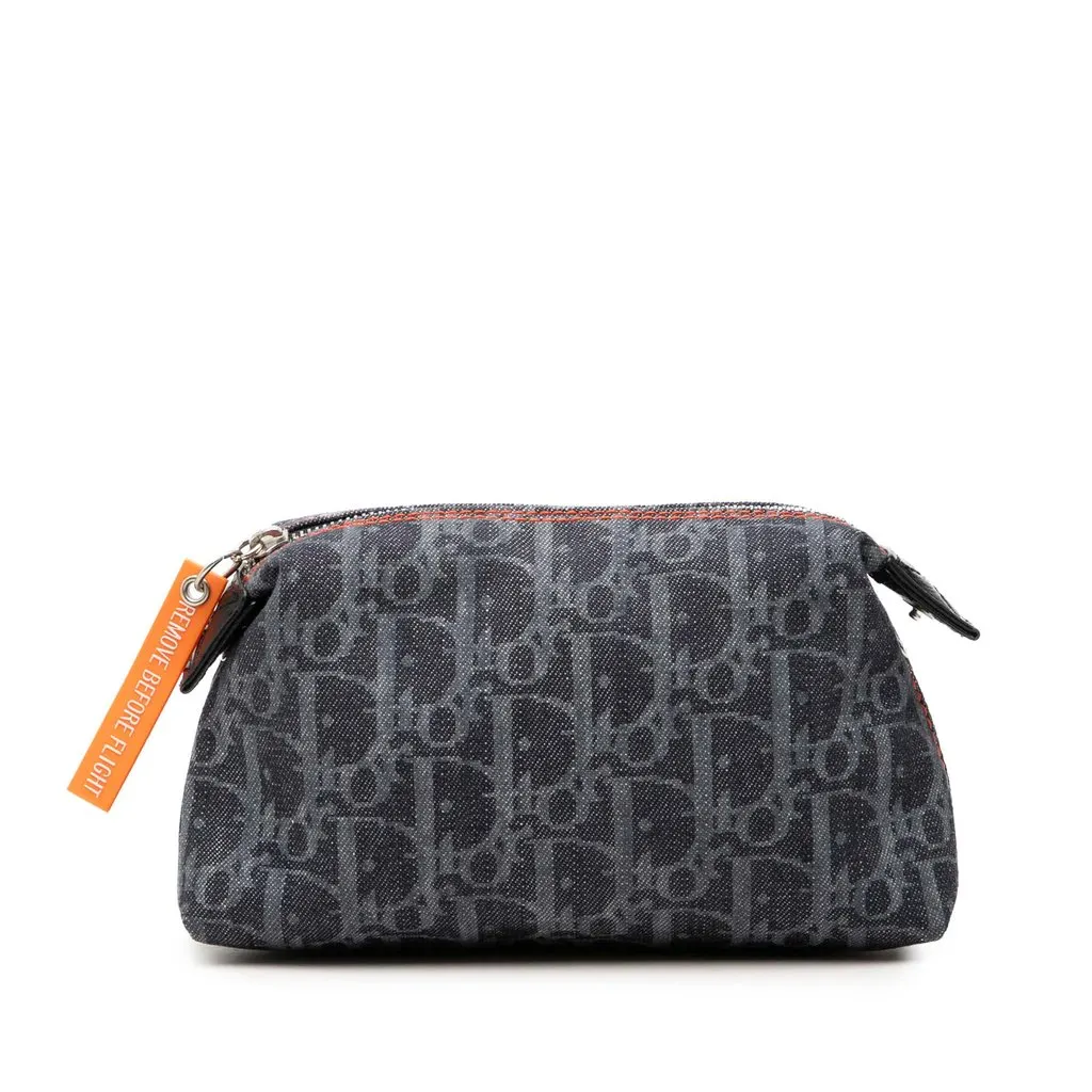Dior Oblique Denim Flight Cosmetic Pouch Blue Very good - Front View