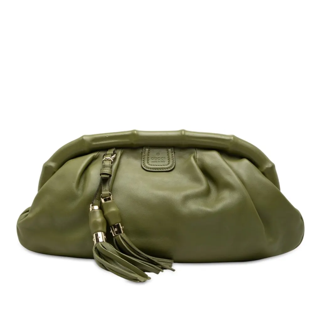 Gucci Calfskin Bamboo Frame Tassel Clutch Green Leather Very good - Front View