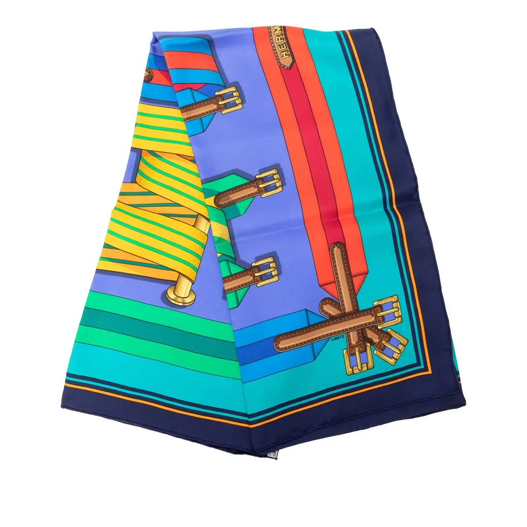 Hermès Les Sangles Silk Scarf 90 Blue Very good - Front View
