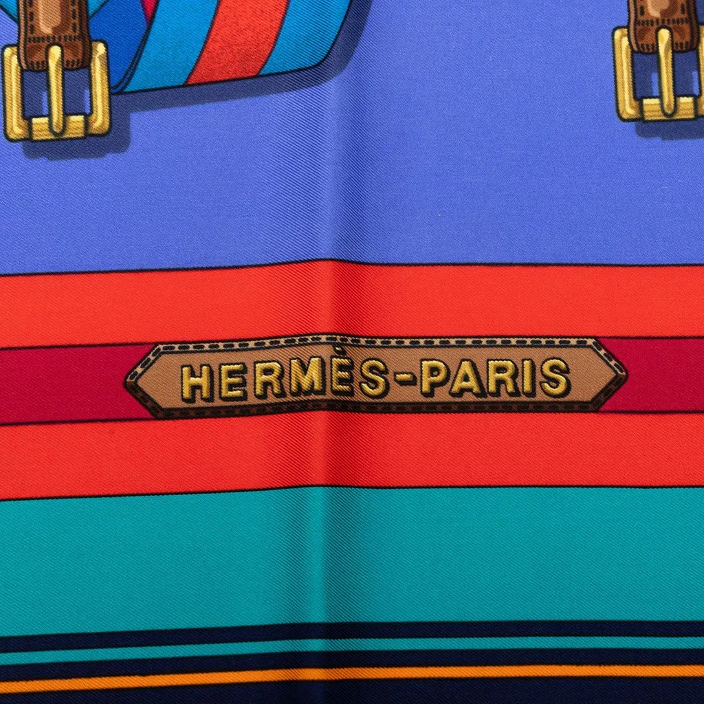 Hermès Les Sangles Silk Scarf 90 Blue Very good - Inside View