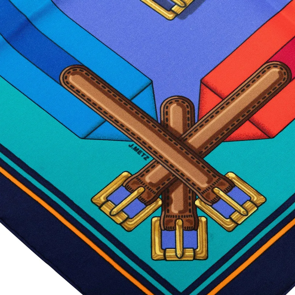 Hermès Les Sangles Silk Scarf 90 Blue Very good - Model View