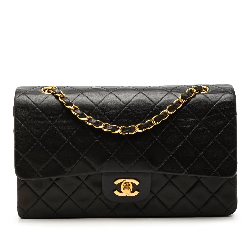 Chanel Medium Classic Lambskin Double Flap Black Leather Very good - Front View