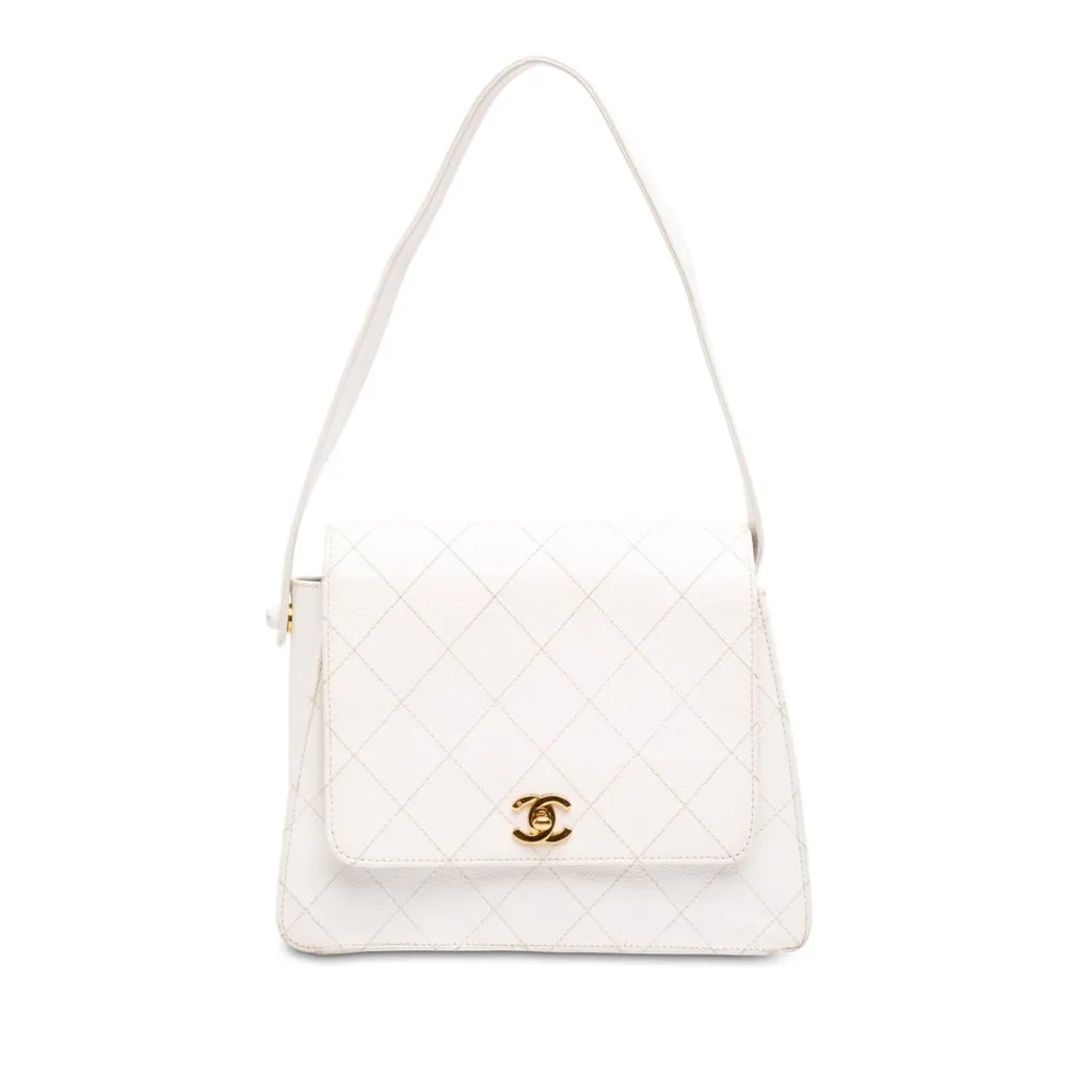 Chanel CC Quilted Caviar Shoulder Bag White Leather Very good - Front View