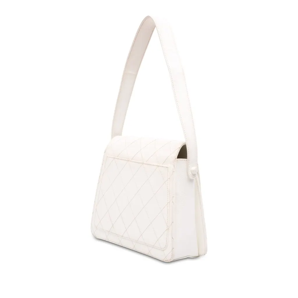 Chanel CC Quilted Caviar Shoulder Bag White Leather Very good - Back View