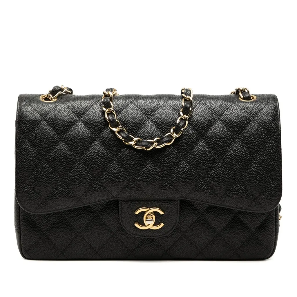 Chanel Jumbo Classic Caviar Double Flap Black Leather Good - Front View