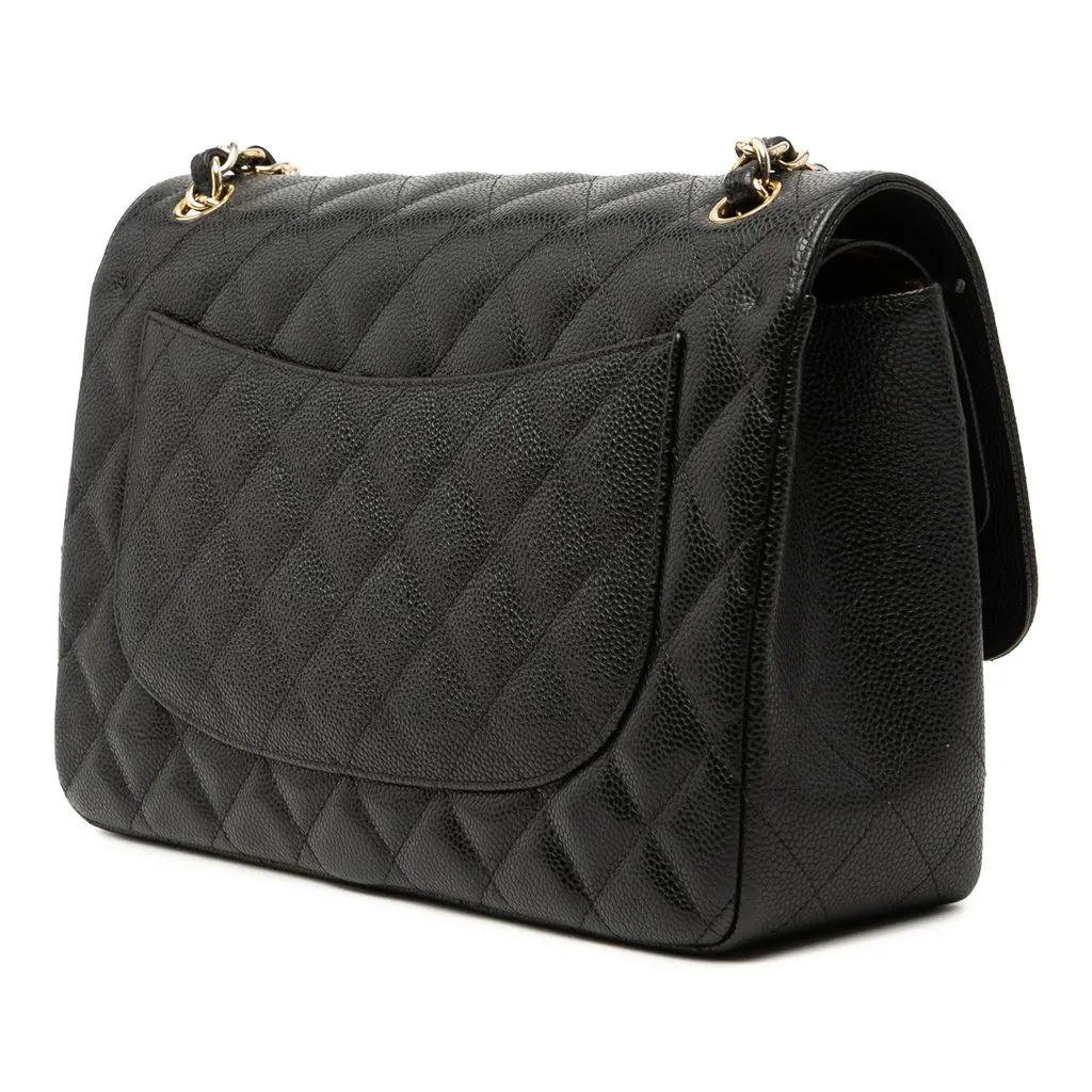 Chanel Jumbo Classic Caviar Double Flap Black Leather Good - Back View
