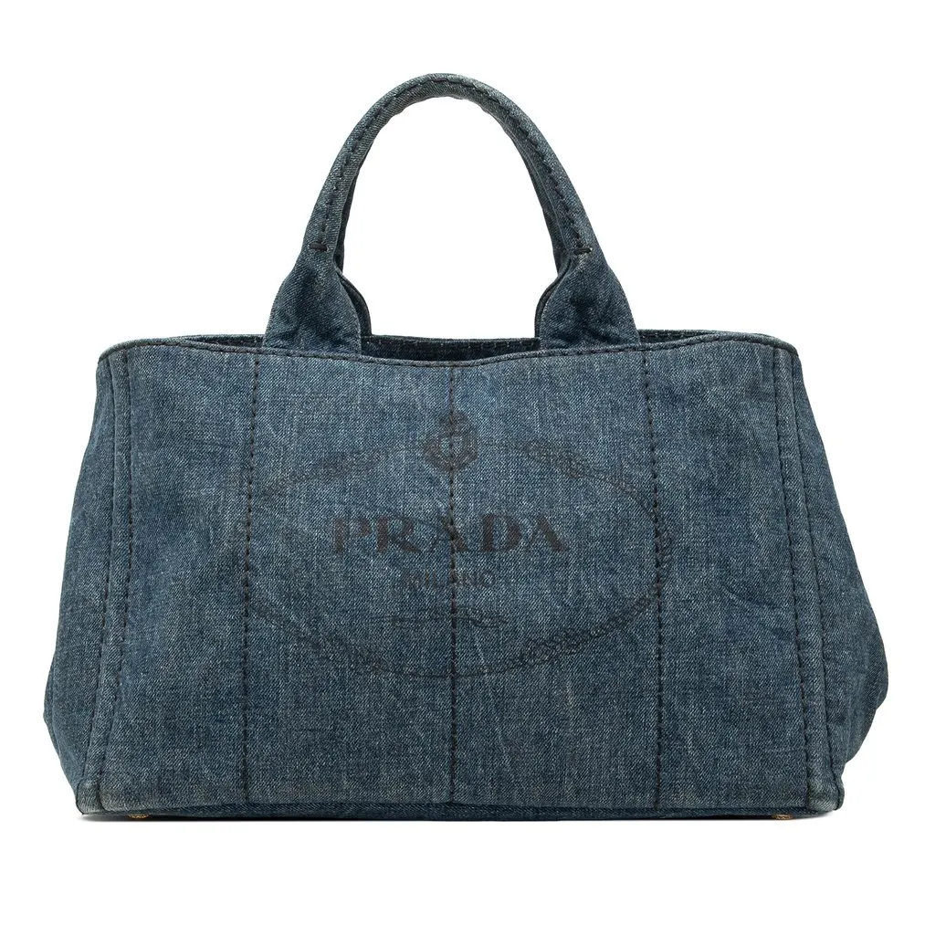 Prada Large Denim Canapa Logo Tote Blue Very good - Front View