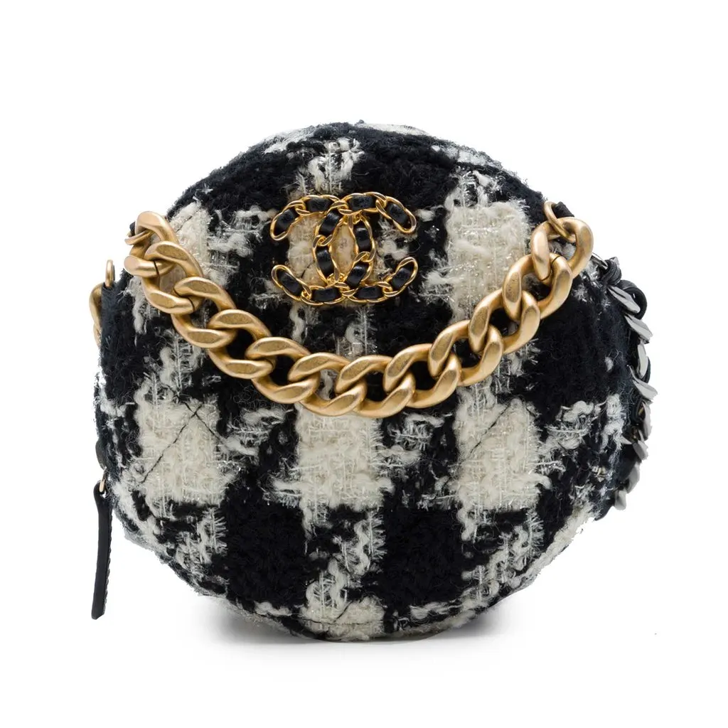 Chanel Tweed 19 Round Clutch with Chain and Coin Purse White Very good - Front View