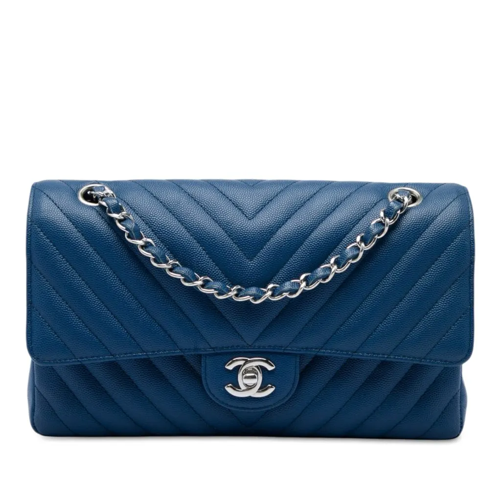 Chanel Medium Classic Chevron Caviar Double Flap Blue Leather Very good - Front View