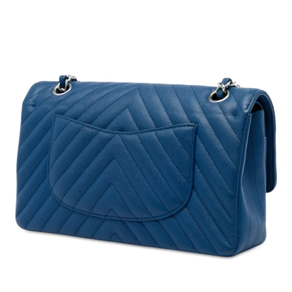 Chanel Medium Classic Chevron Caviar Double Flap Blue Leather Very good - Back View