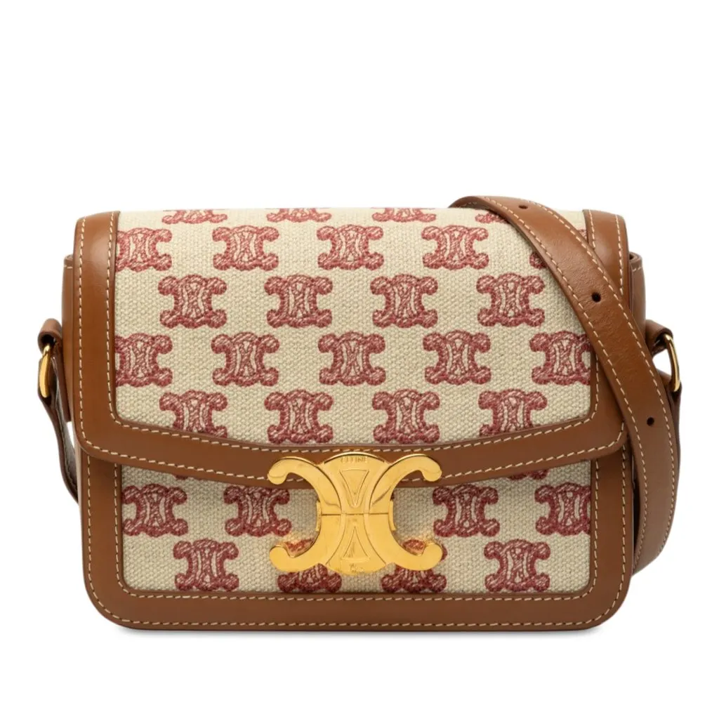 Celine Teen Embroidered Canvas and Calfskin Triomphe Crossbody Beige Very good - Front View