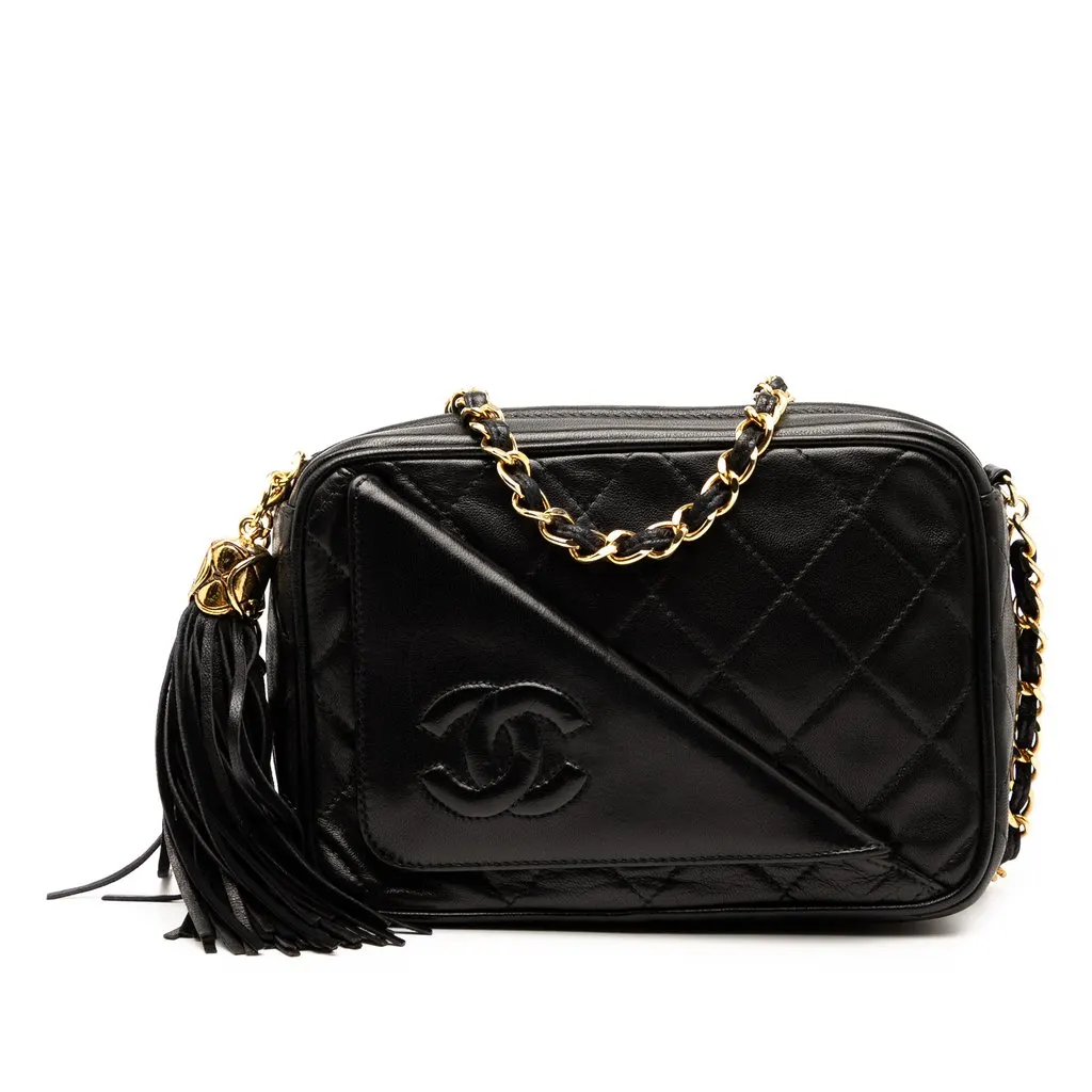 Chanel CC Quilted Lambskin Tassel Camera Bag Black Leather Very good - Front View