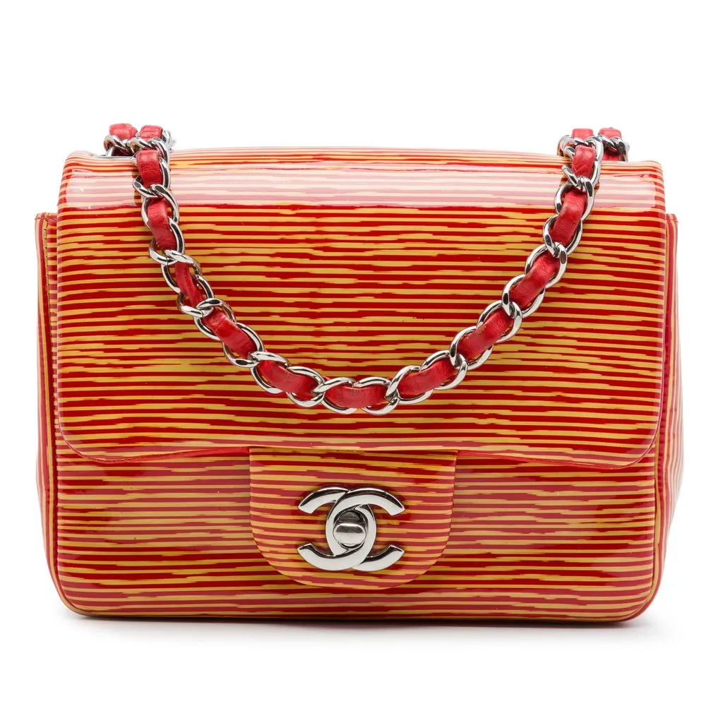Chanel Mini Square Classic Patent Striped Single Flap Orange Leather Very good - Front View