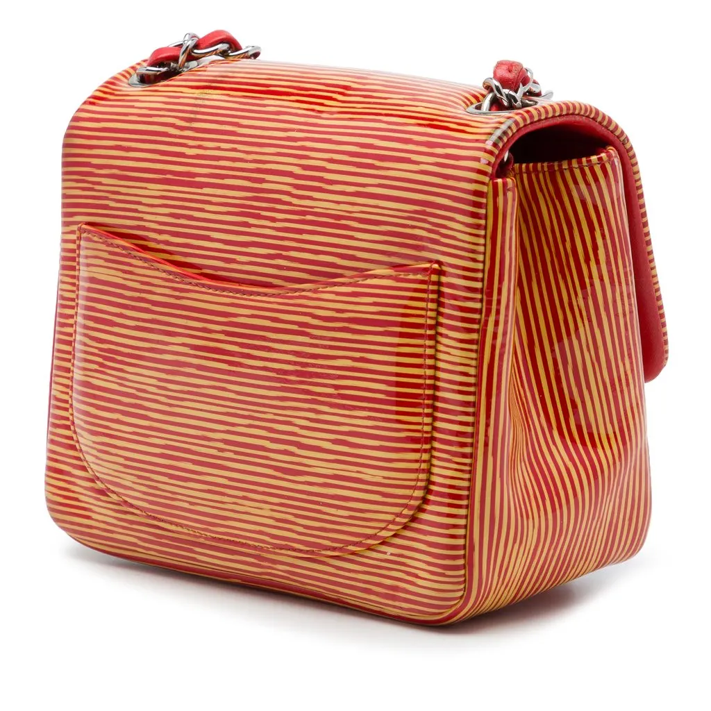 Chanel Mini Square Classic Patent Striped Single Flap Orange Leather Very good - Back View
