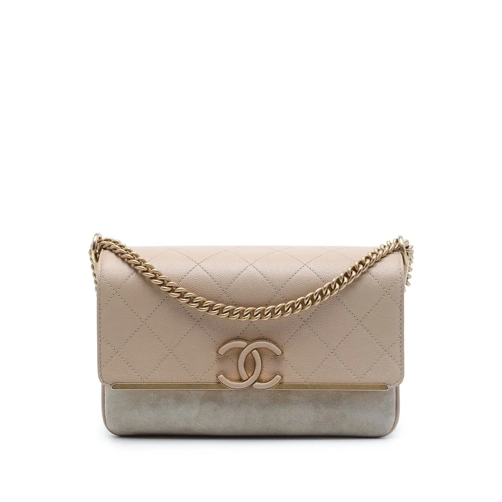 Chanel Small CC Stitched Caviar and Suede Lady Coco Flap Beige Leather Very good - Front View