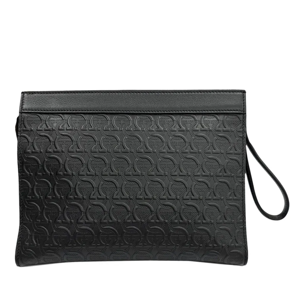 Ferragamo Embossed Calfskin Gancini Wristlet Pouch Black Leather Very good - Back View