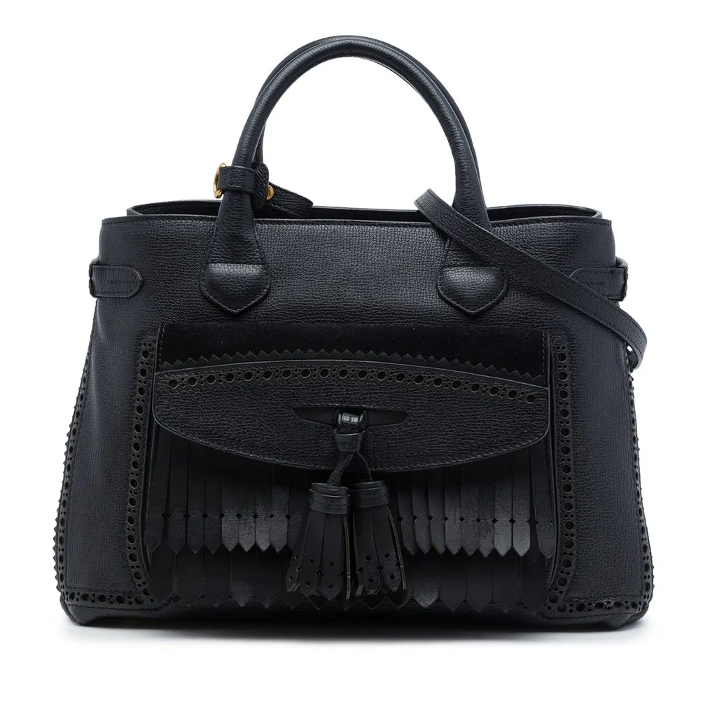 Burberry Medium Grained Calfskin Brogue and Fringe Banner Satchel Black Leather Very good - Front View