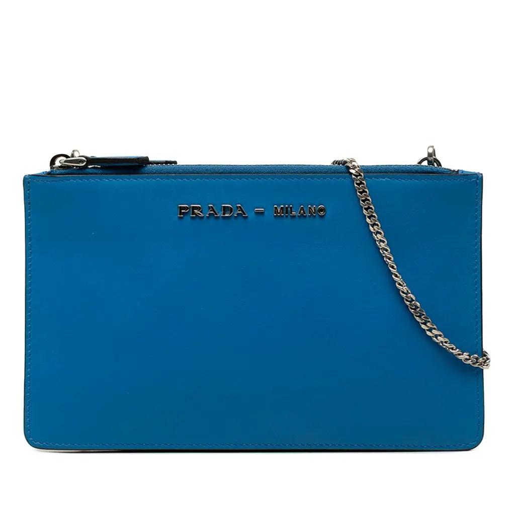 Prada City Calf Double Zip Crossbody Blue Leather Very good - Front View