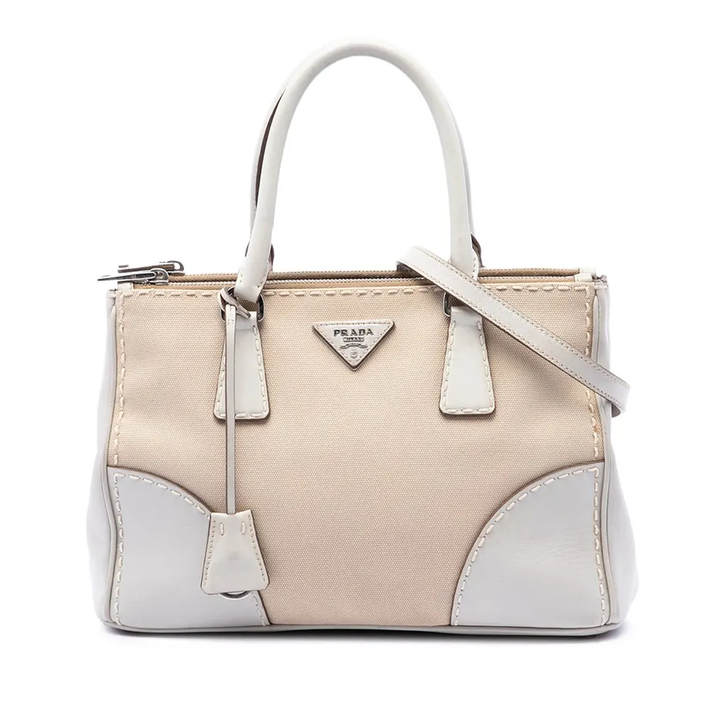 Prada Small Canvas and City Calf Stitch Galleria Double Zip Satchel Beige Canvas Good - Front View