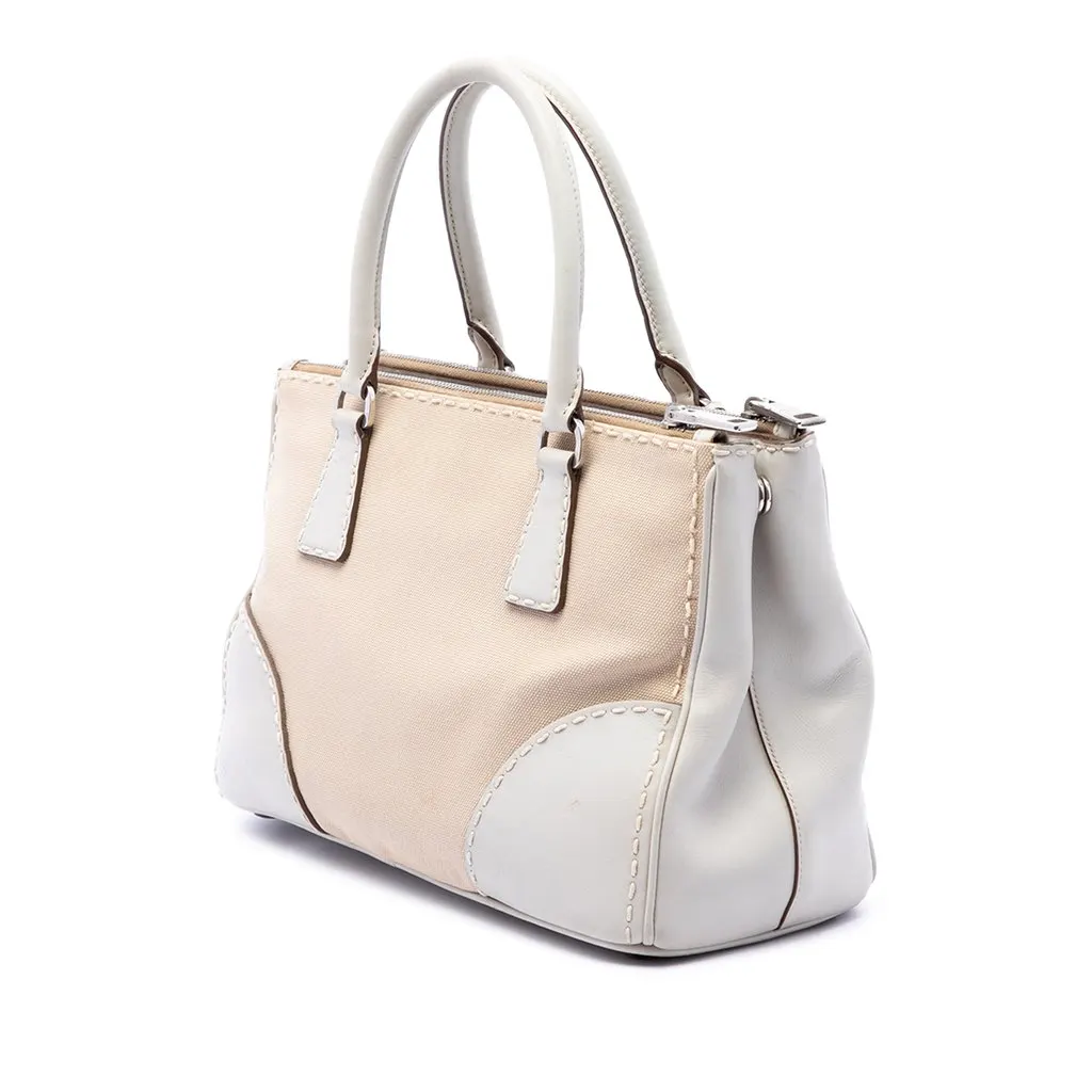 Prada Small Canvas and City Calf Stitch Galleria Double Zip Satchel Beige Canvas Good - Back View